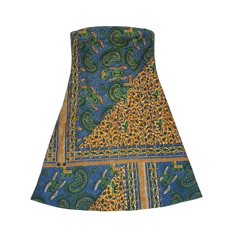 African Wax Print Strapless Dress Handmade A-Line Midi Blue Yellow Small